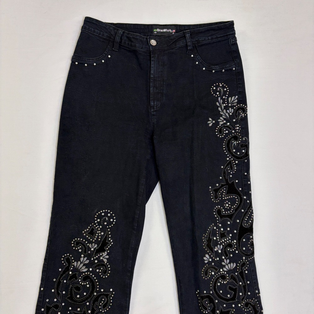 BrazilRoxx Black Rhinestone Y2K Straight Leg Jeans Womens 12 Western - Picture 10 of 11